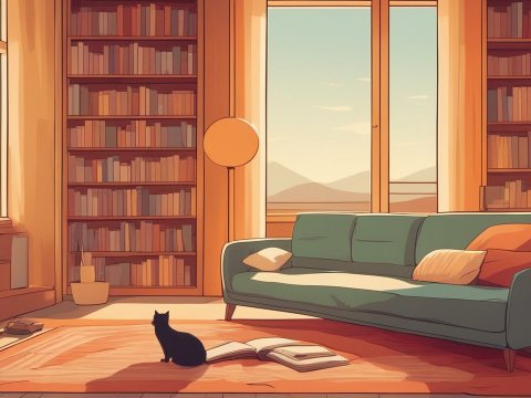 Cozy Living Room with Bookshelves and Cat in Warm Light