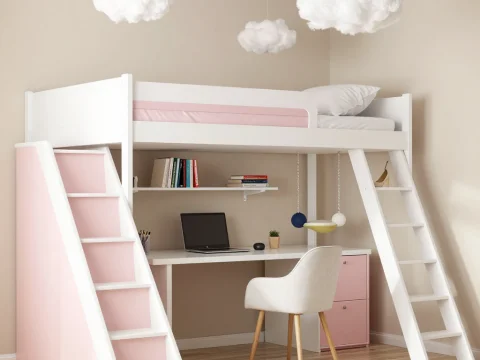 Cozy Loft Bed with Cloud Decor and Study Area