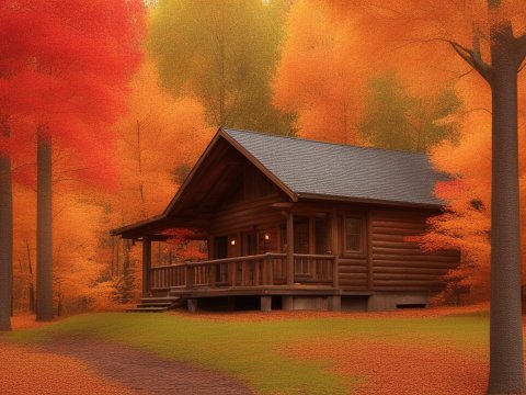 Cozy Log Cabin Surrounded by Vibrant Autumn Foliage