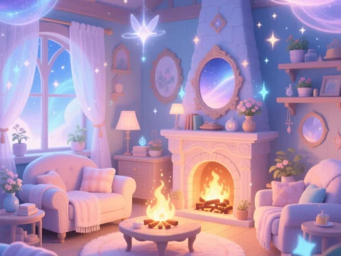 Cozy Magical Living Room with Fireplace and Starry Night
