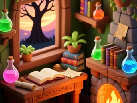 Cozy Magical Study Room with Black Cat by Fireplace