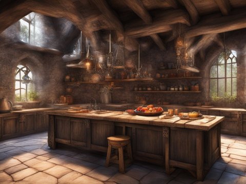Cozy Medieval Fantasy Kitchen with Warm Sunlight