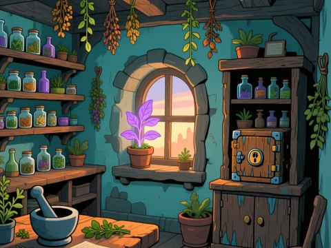 Cozy Medieval Herbalist Workshop with Hanging Herbs