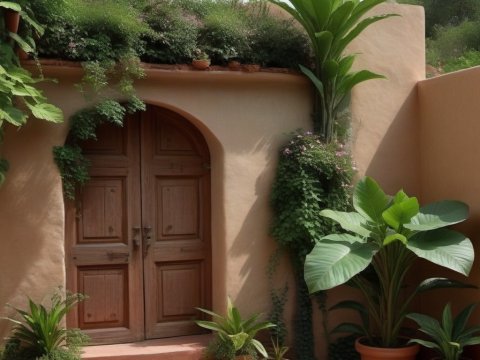 Cozy Mediterranean Entrance with Lush Green Plants