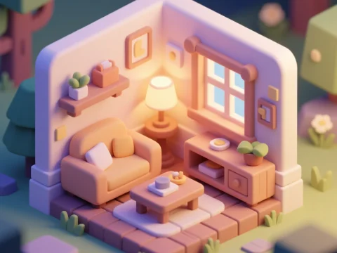 Cozy Miniature Living Room Game Asset in Soft Pastel Colors