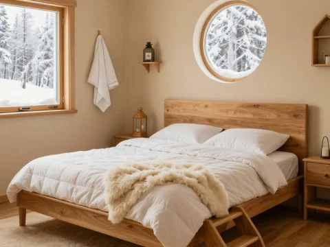 Cozy Minimalist Bedroom with Snowy Window View
