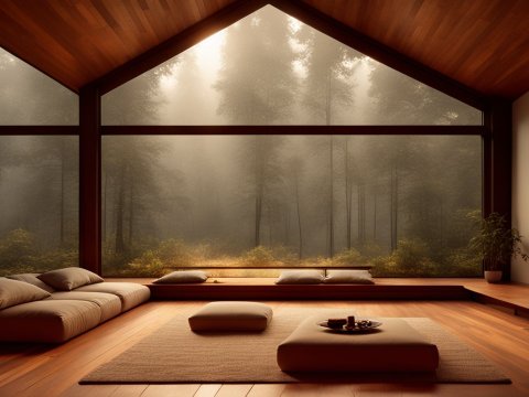 Cozy Modern Living Room with Forest View and Fireplace