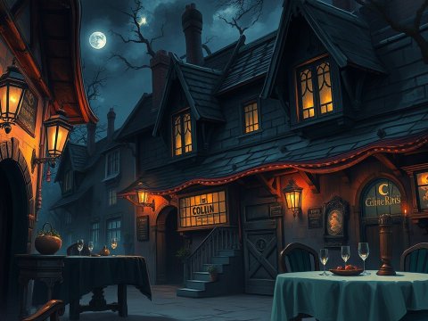Cozy Moonlit Tavern Street at Night