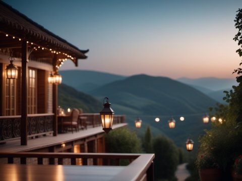 Cozy Mountain Lodge at Dusk with Warm Lantern Lights