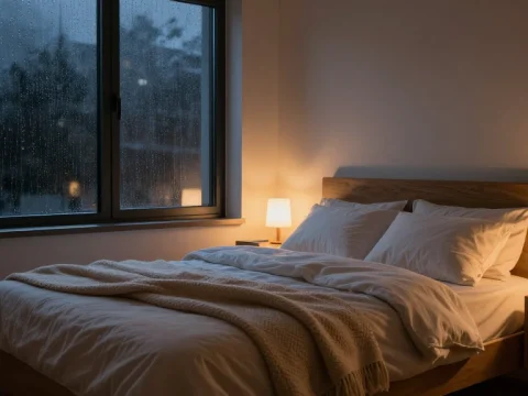 Cozy Night Bedroom with Warm Lighting and Rainy Window