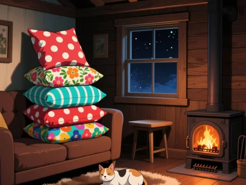 Cozy Night in a Warm Cabin with a Sleeping Cat