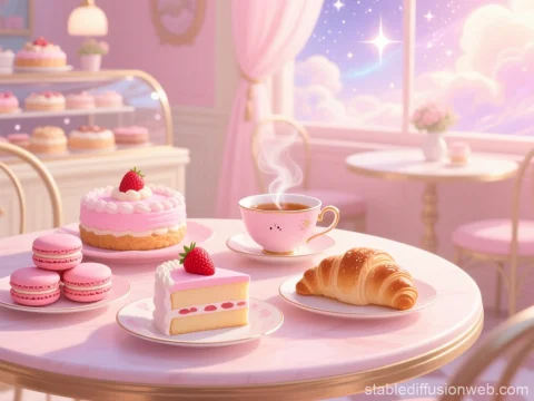 Cozy Pastel Bakery Table with Tea and Pastries