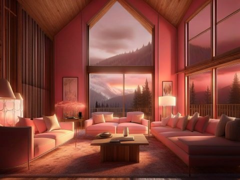 Cozy Pink Living Room with Mountain View at Sunset