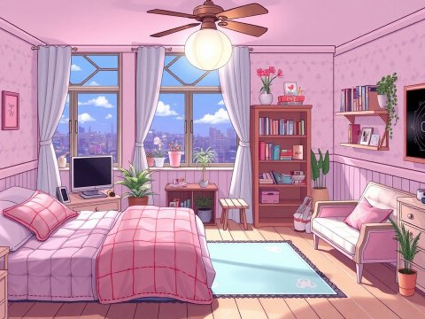 Cozy Pink-Themed Bedroom with City View in Anime Style