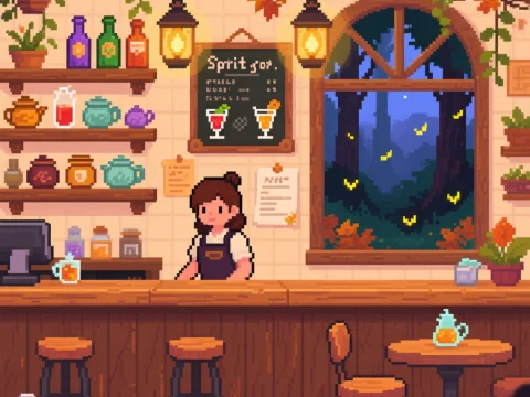 Cozy Pixel Art Fantasy Spirit Cafe Interior