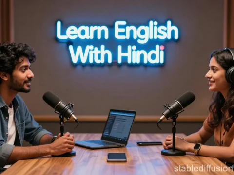 Cozy Podcast Studio for Learning English with Hindi