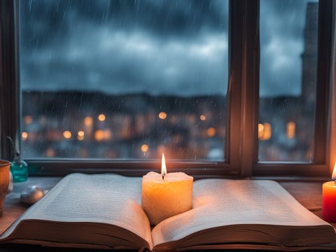 Cozy Reading Nook by Rainy Window with Candlelight