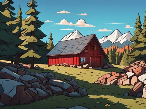 Cozy Red Cabin in Mountain Forest Landscape