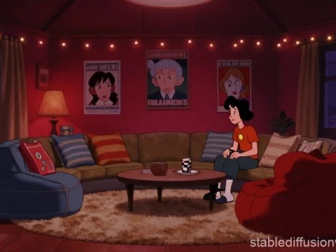 Cozy Retro Conversation Pit with Animated Character