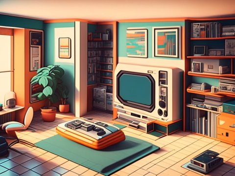 Cozy Retro Gaming Room with Vintage Console and Modern Decor