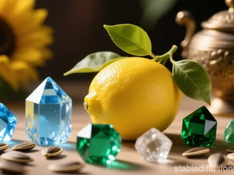 Cozy Retro Still Life with Lemon and Gemstones
