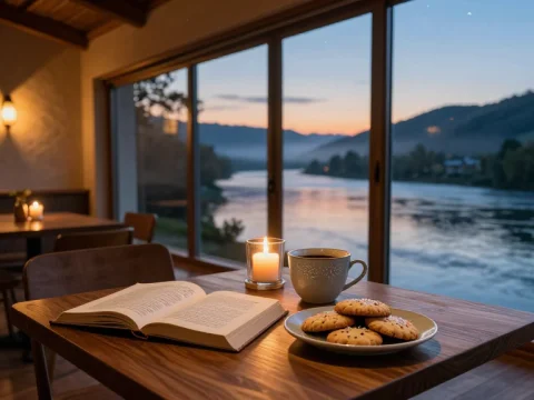 Cozy Riverside Cafe at Dusk with Book and Cookies