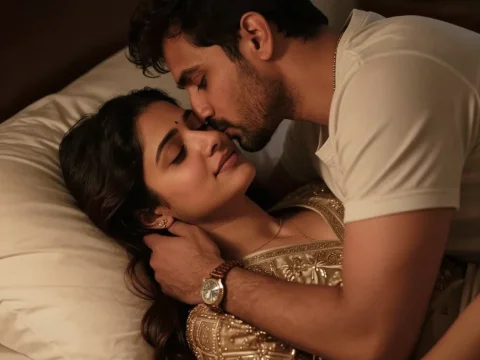 Cozy Romantic Bedtime Kiss Between Couple