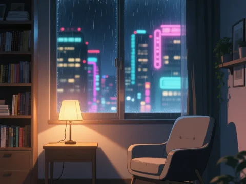 Cozy Room with Rainy Night City View