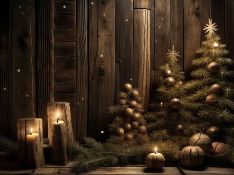 Cozy Rustic Christmas Scene with Candles and Miniature Trees
