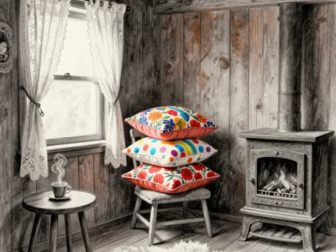Cozy Rustic Room with Colorful Pillows and Wood Stove