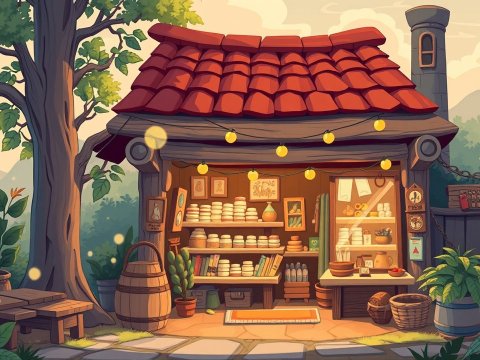 Cozy Rustic Shop with Warm Lighting and Natural Surroundings
