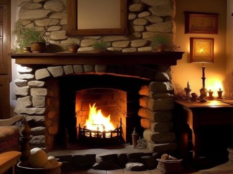 Cozy Rustic Stone Fireplace in Warmly Lit Room