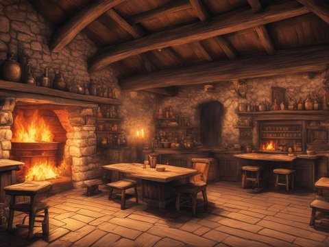 Cozy Rustic Tavern Interior with Warm Fireplace