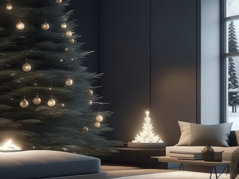 Cozy Scandinavian Living Room with Christmas Tree and Snowy View