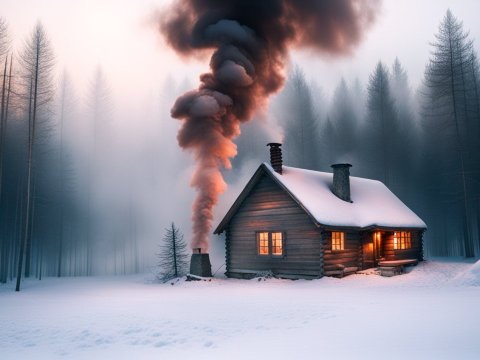 Cozy Snow-Covered Cabin in a Misty Winter Forest