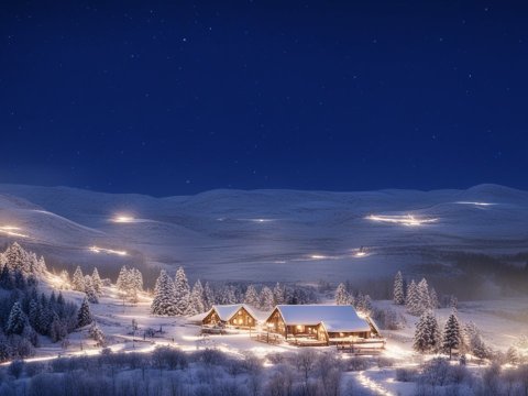 Cozy Snow-Covered Cabins Under a Starry Night Sky