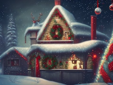 Cozy Snow-Covered Christmas Cottage at Night
