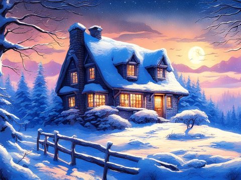 Cozy Snow-Covered Cottage at Sunset in Winter Woods