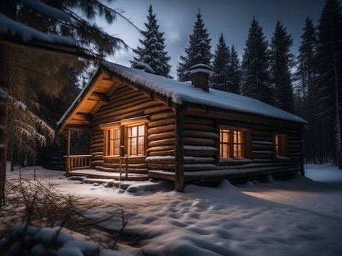 Cozy Snow-Covered Log Cabin in a Dark Winter Forest