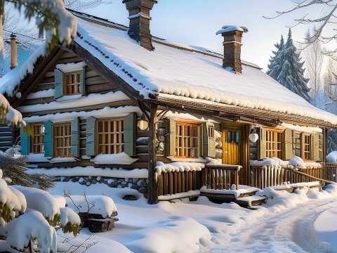 Cozy Snow-Covered Log Cabin in Winter Forest