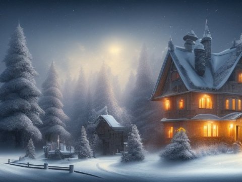 Cozy Snowy Cabin in a Winter Forest at Night