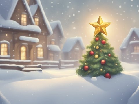 Cozy Snowy Village with Decorated Christmas Tree
