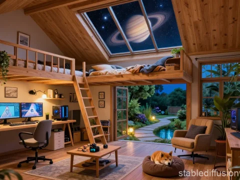 Cozy Solarpunk Living Room with Futuristic Space View