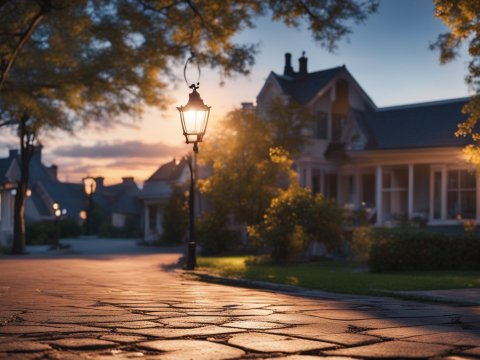 Cozy Suburban Street at Sunset with Warm Lamp Light