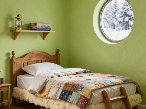 Cozy Tiny Bedroom with Round Window and Patchwork Quilt