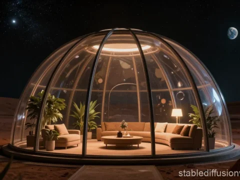 Cozy Transparent Dome Living Room on Mars at Night