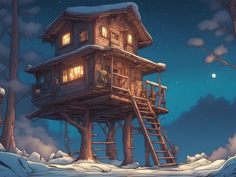 Cozy Treehouse at Night in Winter