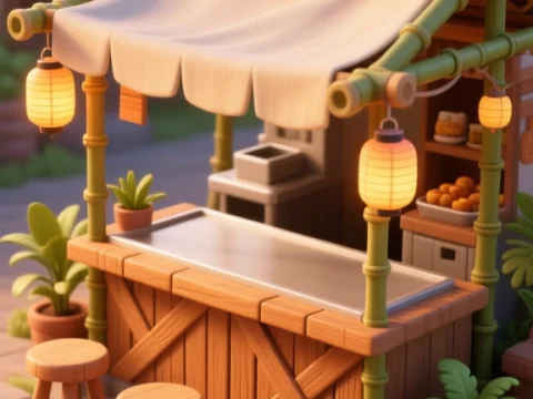 Cozy Tropical Market Stall at Sunset