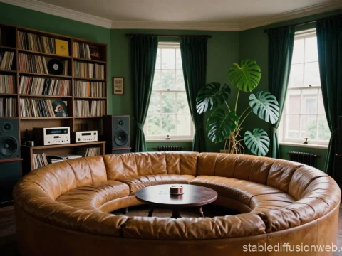 Cozy Victorian Villa Music Room with Circular Leather Sofa