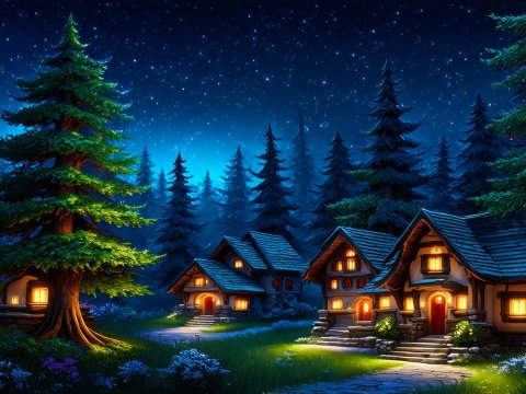 Cozy Village at Night in Enchanted Forest